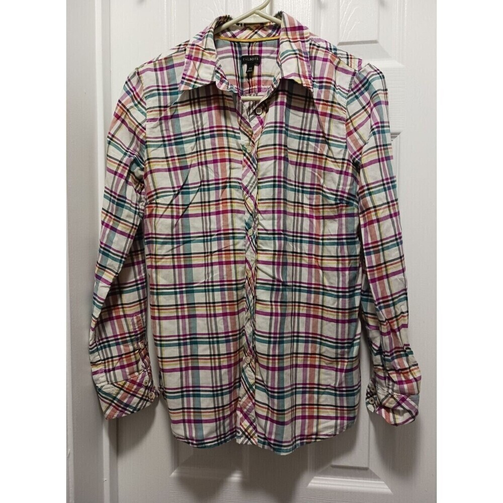 Talbots Petite Plaid Button Up Shirt Multicolor Long Sleeve Cotton Size XS
